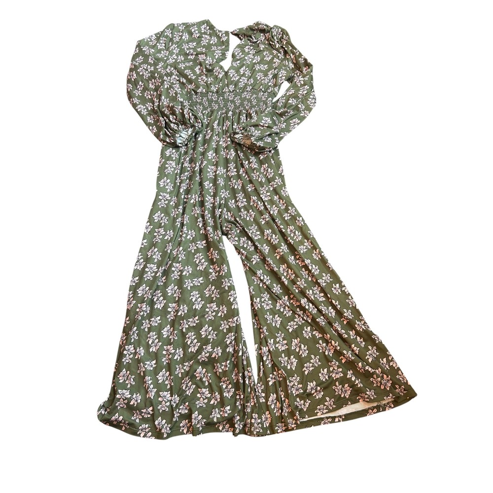 Maxey Greene Floral Wide Leg Jumpsuit Long Sleeve Olive Green Women Size Small - Picture 3 of 6